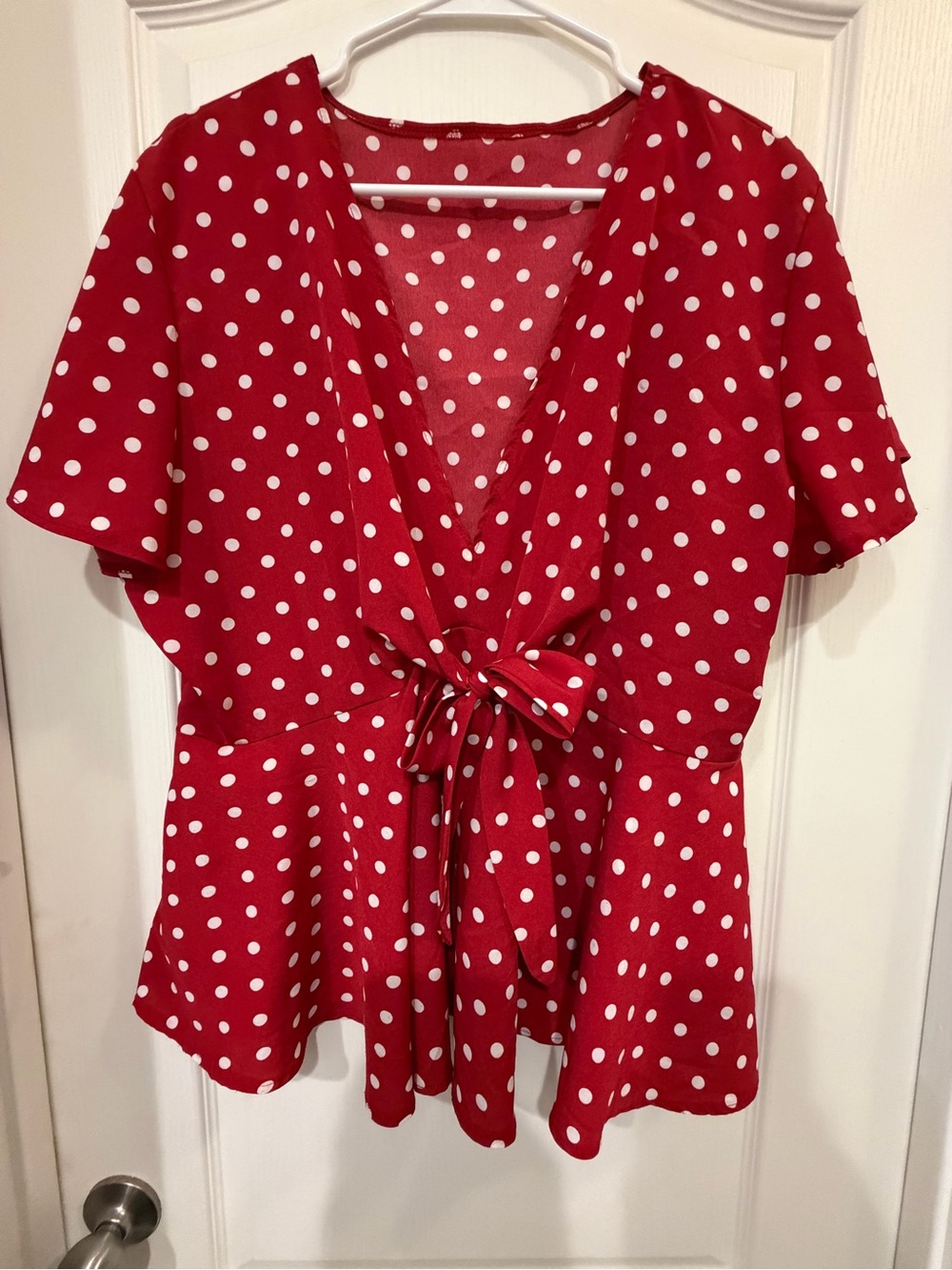 SHEIN Red Polka Dot Tie-Front Blouse